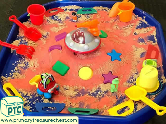 Space Spaceship Sand and shapes - Space themed Sand Role Play Sensory Play - Tuff Tray Ideas Early Years / Nursery / Primary