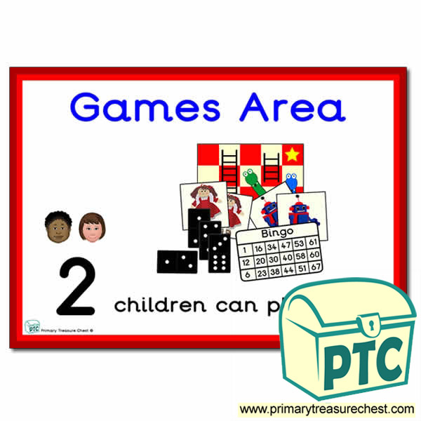 Games Area Sign - Number Pattern Images Provided  '2 children can play here' - Classroom Organisation Poster
