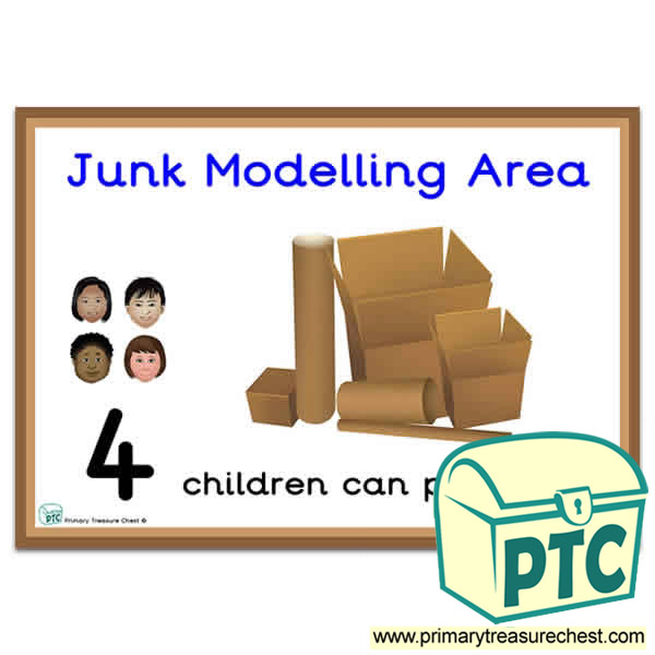 Junk Modelling Area Sign - Number Pattern Images Provided  '4 children can play here' - Classroom Organisation Poster