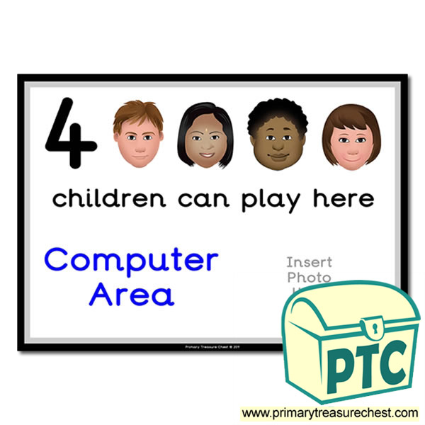 Computer Area Sign - Add Your Own Image - 4 children can play here - Classroom Organisation Poster