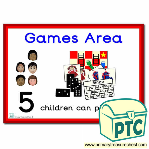 Games Area Sign - Number Pattern Images Provided  '5 children can play here' - Classroom Organisation Poster
