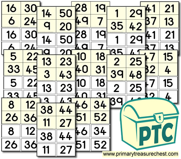 Childrens Bingo Cards - Numbers 1-52