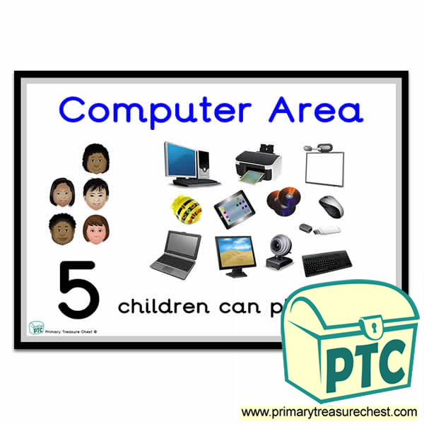 Computer Area Sign - Number Pattern Images Provided  '5 children can play here' - Classroom Organisation Poster
