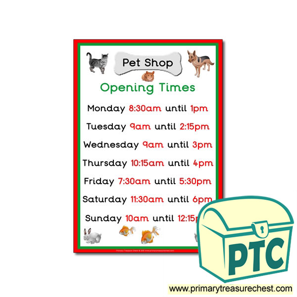 Pet Shop Role Play Opening Times Sign (Quarter & Half Past)