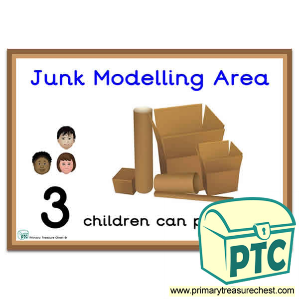 Junk Modelling Area Sign - Number Pattern Images Provided  '3 children can play here' - Classroom Organisation Poster