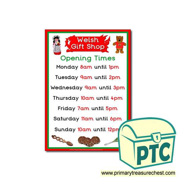 Welsh Gift Shop Opening Times Poster (O'clock)