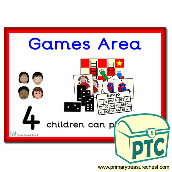 Games Area Sign - Number Pattern Images Provided  '4 children can play here' - Classroom Organisation Poster
