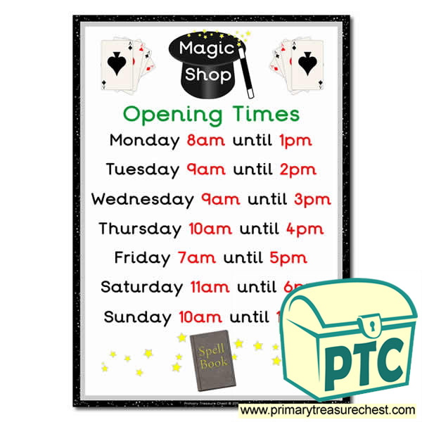 Magic Shop Role Play Opening Times Sign (O'clock times)