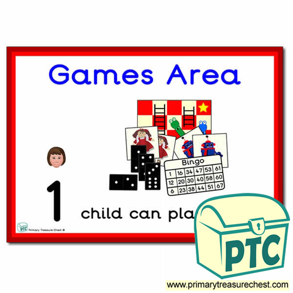 Games Area Sign - Number Pattern Images Provided  '1 child can play here' - Classroom Organisation Poster