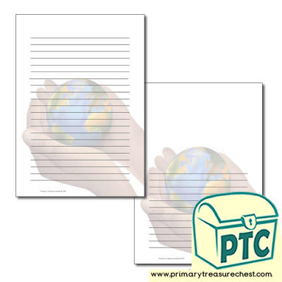 Hand Holding World Page Border/Writing Frame (narrow lines)