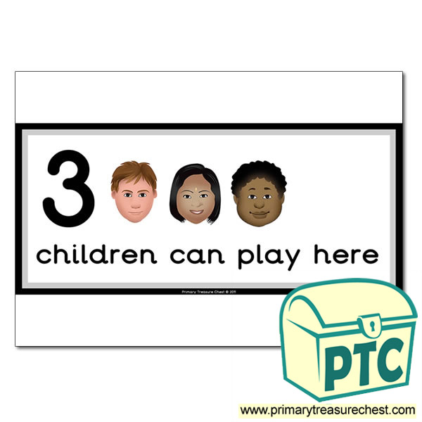 Computer Area Sign - Images of Faces - 3 children can play here - Classroom Organisation Poster