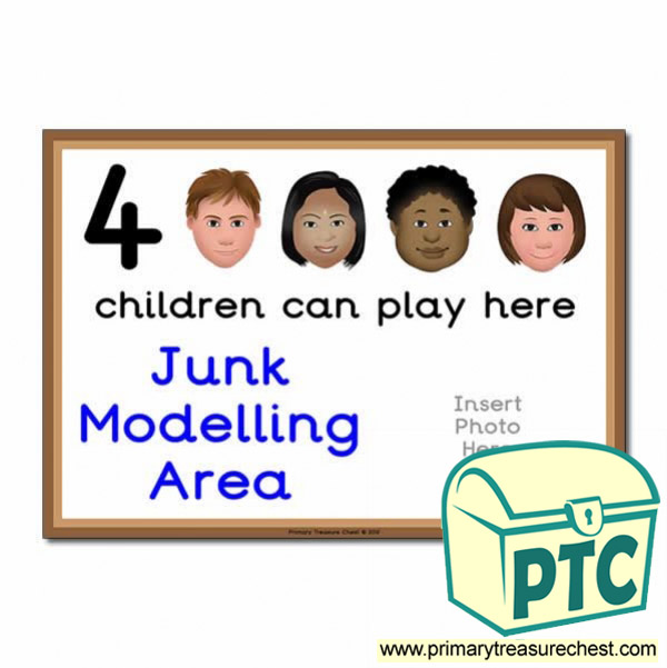 Junk Modelling Area Sign - Add Your Own Image - 4 children can play here - Classroom Organisation Poster