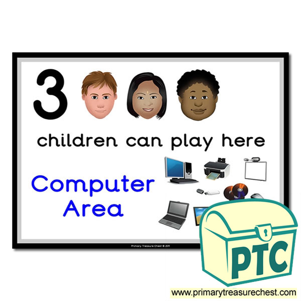 Computer Area Sign - Images Provided - 3 children can play here - Classroom Organisation Poster