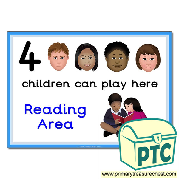 Reading Area Sign - Images Provided - 4 children can play here - Classroom Organisation Poster