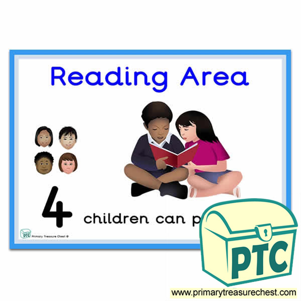 Reading Area Sign - Number Pattern Images Provided  '4 children can play here' - Classroom Organisation Poster