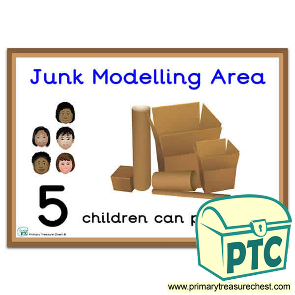 Junk Modelling Area Sign - Number Pattern Images Provided  '5 children can play here' - Classroom Organisation Poster