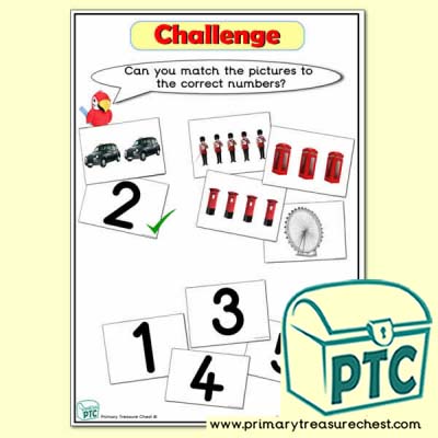 Challenge - Matching Numbers with Pictures London Themed Tuff Tray Resource