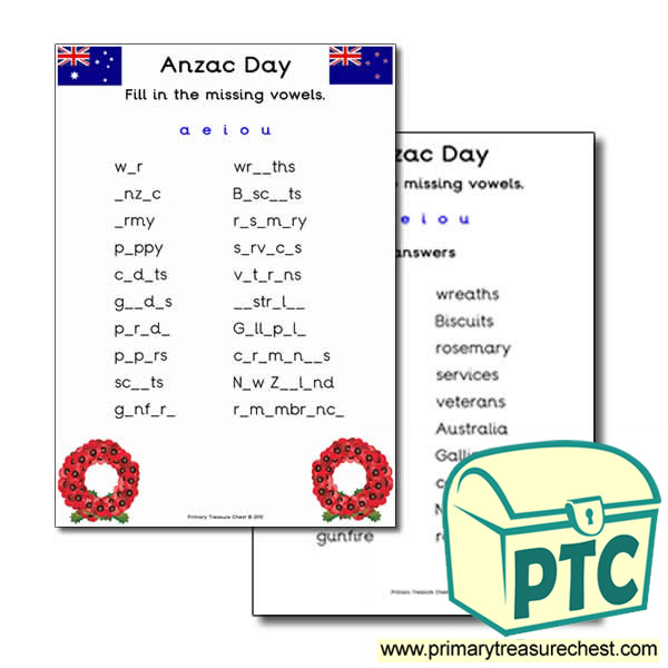  Anzac Day Missing Vowels Worksheet
