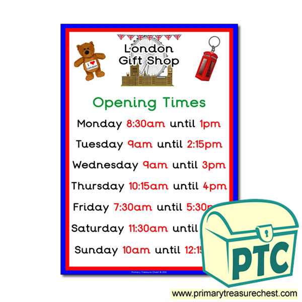 London Gift Shop Opening Times (quarter & half past)