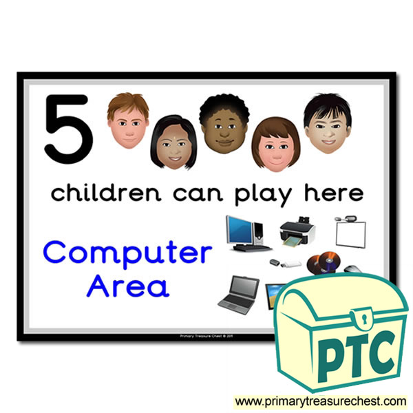Computer Area Sign - Images Provided - 5 children can play here - Classroom Organisation Poster