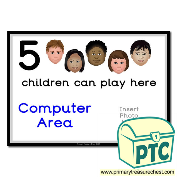 Computer Area Sign - Add Your Own Image - 5 children can play here - Classroom Organisation Poster