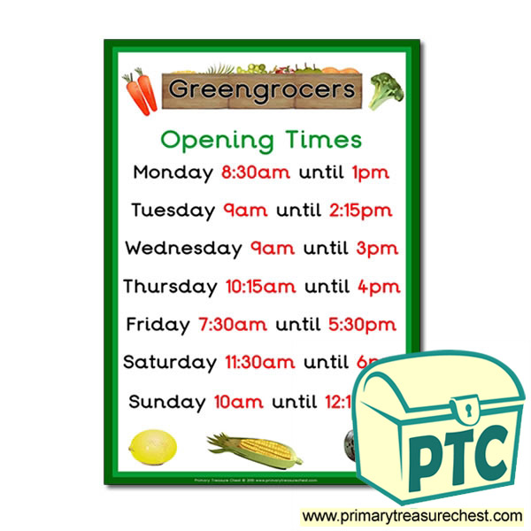 Greengrocers Role Play Opening Times Poster (Quarter & Half Past)