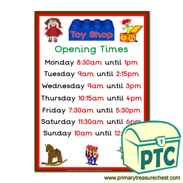 Toy Shop Role Play Opening Times Sign (Quarter & Half Past times)