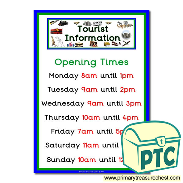 Role Play Tourist Information Opening Times (O'clock)