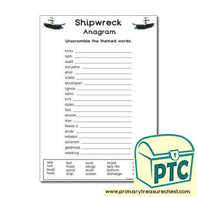 Shipwreck Themed Anagram Worksheet