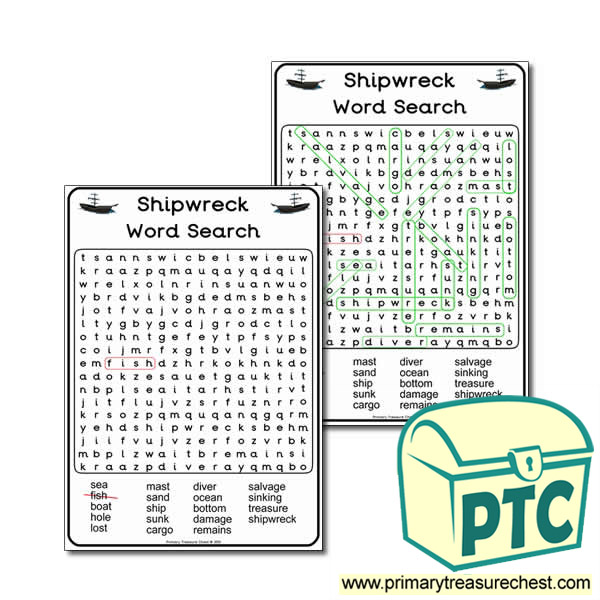 Shipwreck Themed A5 WordSearch Worksheet