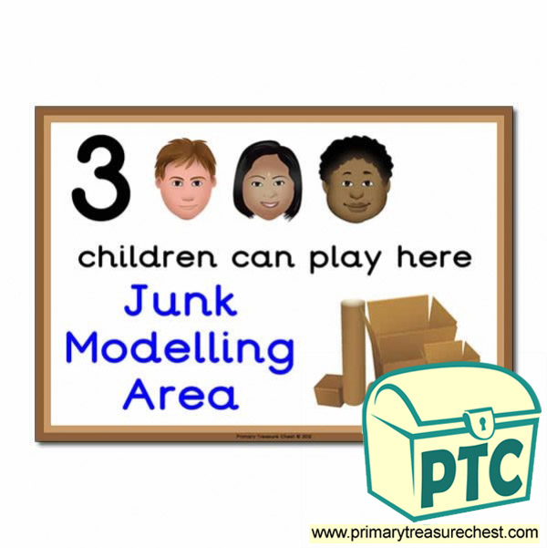 Junk Modelling Area Sign - Images Provided - 3 children can play here - Classroom Organisation Poster