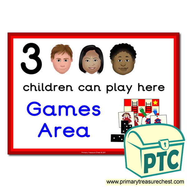 Games Area Sign - Images Provided - 3 children can play here - Classroom Organisation Poster