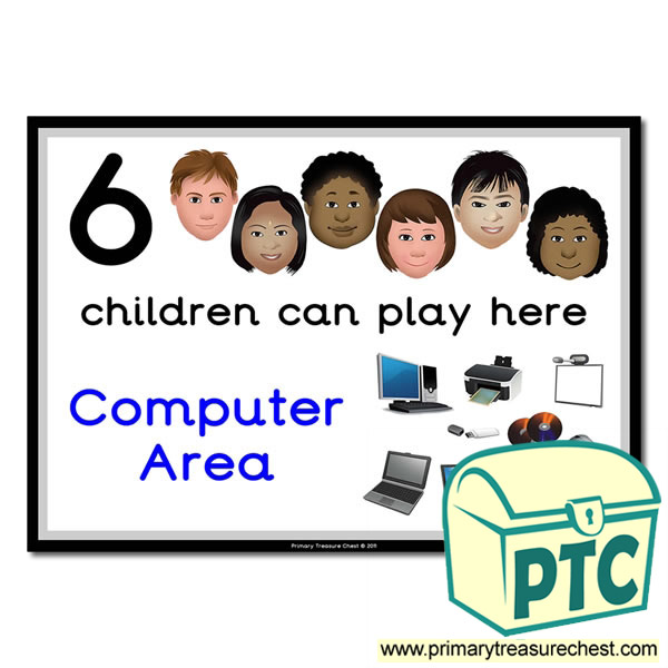 Computer Area Sign - Images Provided - 6 children can play here - Classroom Organisation Poster