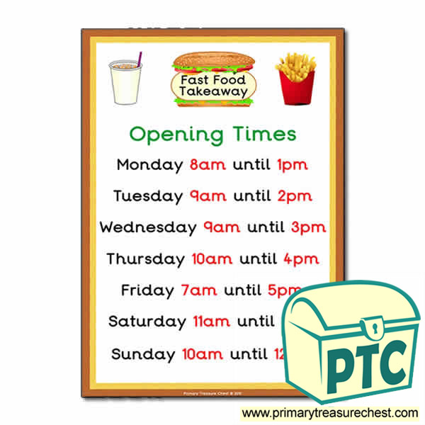 Fast Food Takeaway Role Play Opening Times (O'clock)