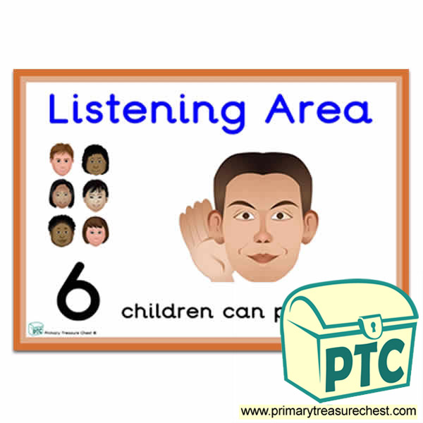 Listening Area Sign - Number Pattern Images Provided  '6 children can play here' - Classroom Organisation Poster