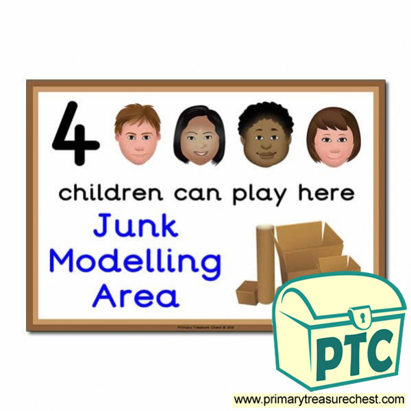 Junk Modelling Area Sign - Images Provided - 4 children can play here - Classroom Organisation Poster