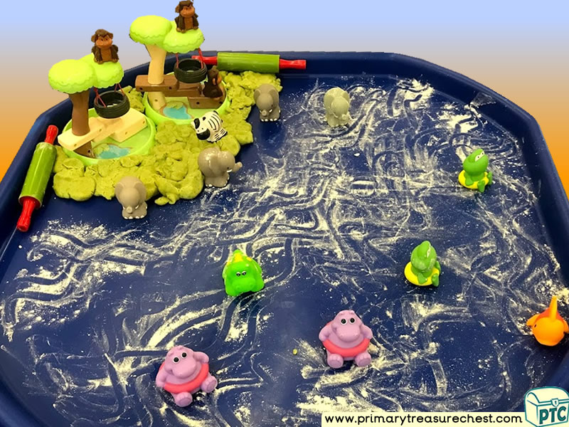 Safari - Monkey - Hippo - Jungle Animal Themed Playdough  Multi-sensory - Tuff Tray Ideas and Activities