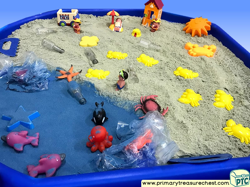 Our World - Plastic Pollution Themed Small World Multi-sensory - Coloured Sand Tuff Tray Ideas and Activities