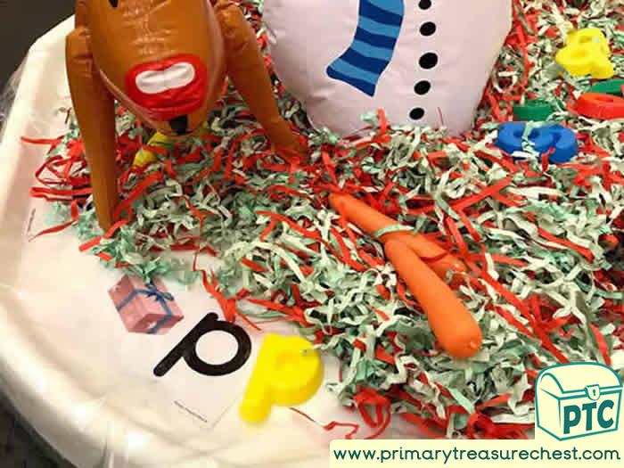 Christmas Phonics Snowman and Reindeer - Role Play Sensory Play - Tuff Tray Ideas Early Years / Nursery / Primary