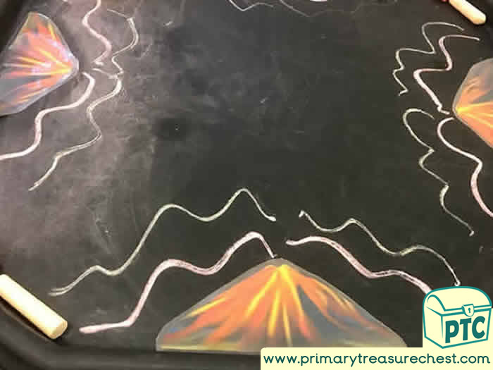 DINOSAURS  Volcano chalking Themed Tuff Tray for Toddlers-EYFS Children 