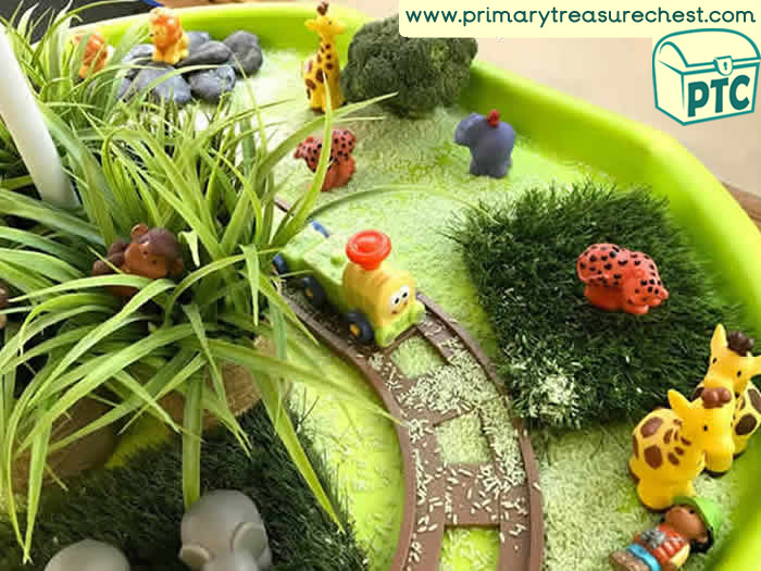 Trains and Safari Small World Play - Role Play Sensory Play - Transport Tuff Tray Ideas Early Years / Nursery / Primary  