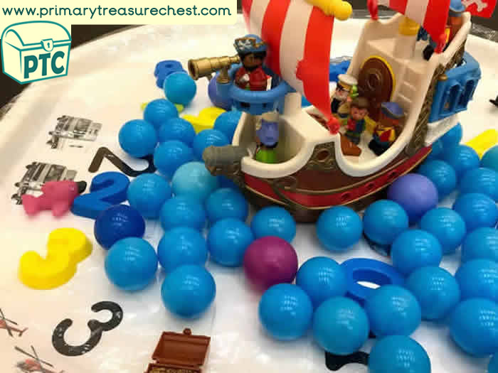 Pirates Role Play Sensory Play – Number - Pirate ship Small World Play - Tuff Tray Ideas Early Years / Nursery / Primary 