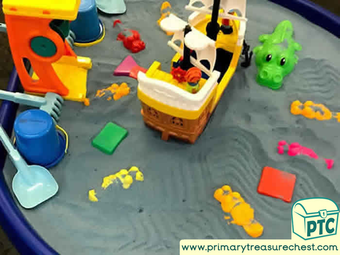 Pirates and Crocodiles Small World  Dry Sand Play Role Play  Sensory Play - Tuff Tray Ideas Early Years / Nursery / Primary 