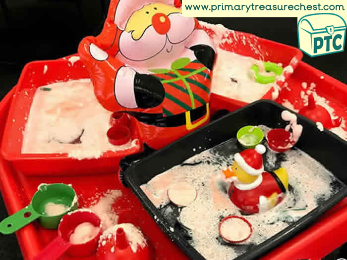 Santa / Christmas Discovery water and foam play tuff tray ideas / activities for teachers and parents of Early Years / Nursery / EYFS / Kindergarten / Elementary School age children to recreate at school or at home