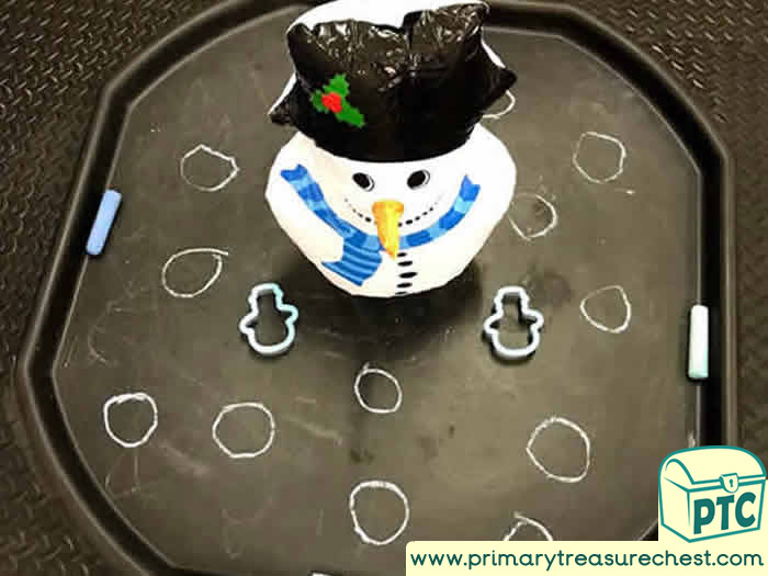 Snowman themed chalking mark making activity - Role Play Sensory Play - Tuff Tray Ideas Early Years / Nursery / Primary