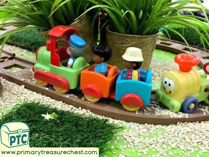 Safari Small World Play with Trains - Transport Role Play Sensory Play - Tuff Tray Ideas Early Years / Nursery / Primary  