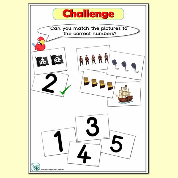 Challenge - Matching Numbers With Pictures Pirate Themed Tuff Tray Resource