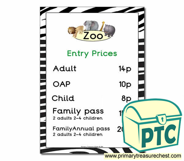 Zoo Entry Prices Poster (1-20p)
