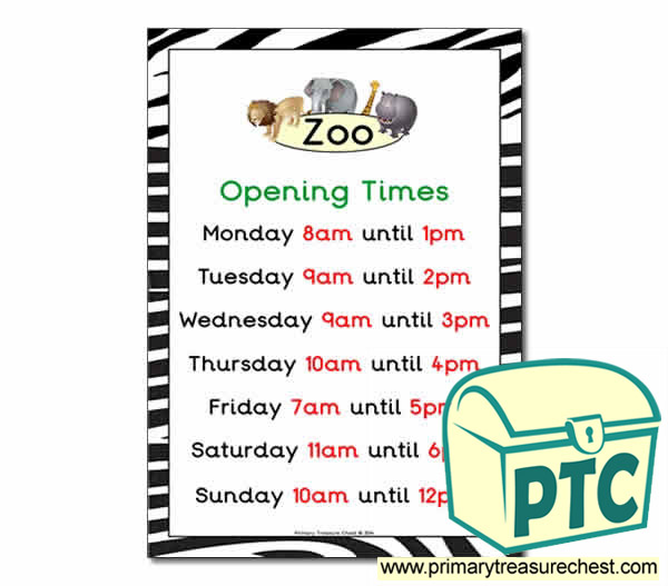 Zoo Role Play Opening Times (O'clock Times) 