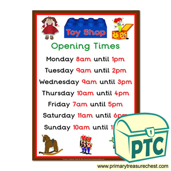 Toy Shop Role Play Opening Times Sign (O'clock times)